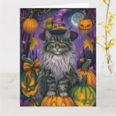 不気味シベリア猫ハロウィーン魔女とカボチャ カード (黄色い花)