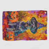 不気味シュナザードッグハロウィーン魔女とカボチャ ゴルフタオル (横)