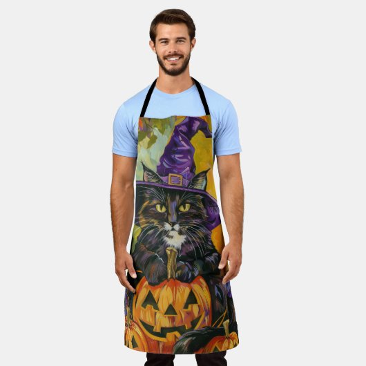 不気味タキシード猫ハロウィーン魔女とカボチャ エプロン (着用した状態)