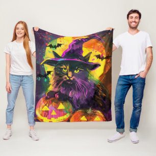 不気味ターキッシュアンゴラキャットハロウィンウィッチカボチャ フリースブランケット