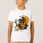 不気味ハウスとこうもりハロウィーンおもしろい Tシャツ (正面)