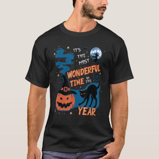 不気味ハットカボチャと黒猫ハロウィーン Tシャツ (正面)