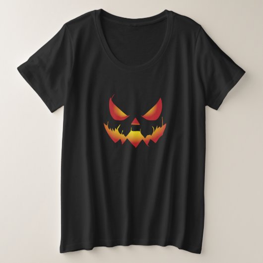 不気味ハロウィンのカボチャ顔オン火 プラスサイズTシャツ (デザイン正面)