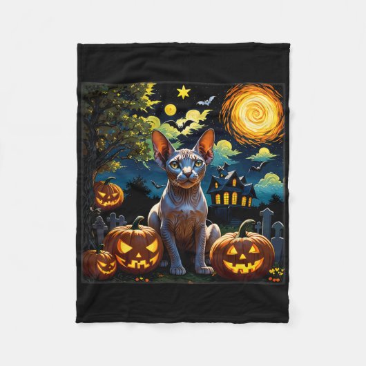 不気味ハロウィンスフィンクス星空の夜 フリースブランケット (正面)