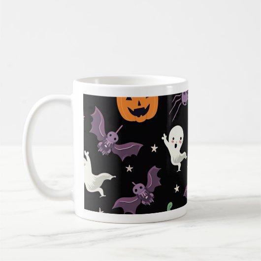 不気味ハロウィンマグ – かわいい幽霊、カボチャ、こうもり コーヒーマグカップ (左)