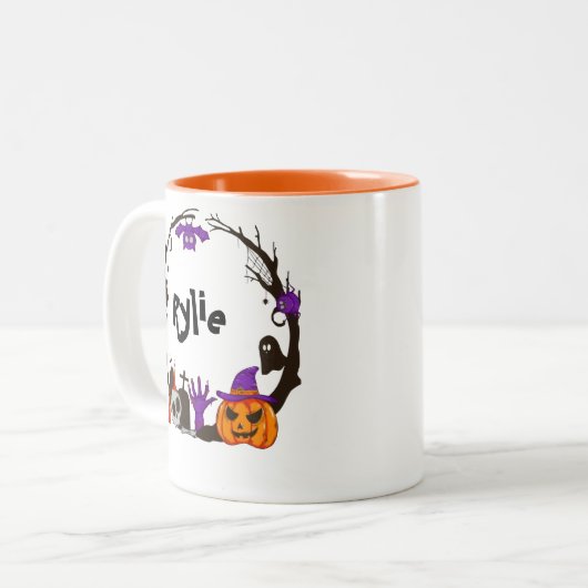 不気味ハロウィンマグ – 幽霊、カボチャ&幽霊のよく出る ツートーンマグカップ (正面左)