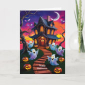 不気味ハロウィン幽霊のよく出るハウスイラストレーション カード (正面)