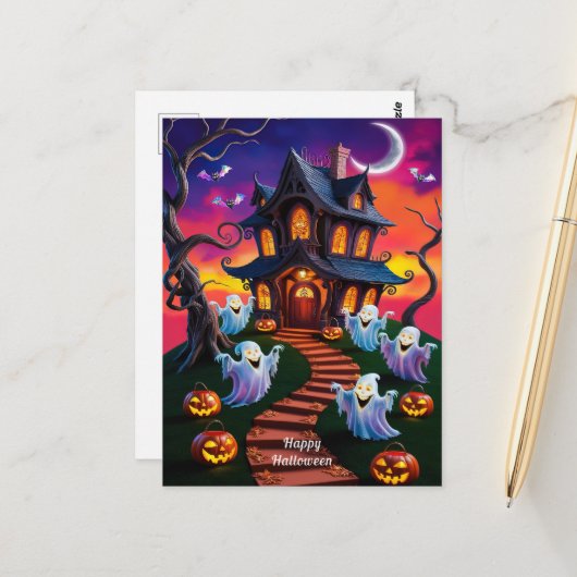 不気味ハロウィン幽霊のよく出るハウスイラストレーション ポストカード (正面/裏面インサイチュ)