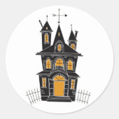 不気味ハロウィン幽霊のよく出るハウスフェンスブラックオレンジ ラウンドシール (正面)