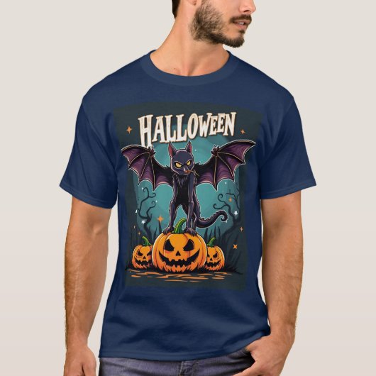 不気味ハロウィン猫:こうもりウィング&カボチャ Tシャツ (正面)