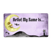 不気味ハロウィーンこんにちは私の名前は紫のステッカー ラベル (正面)