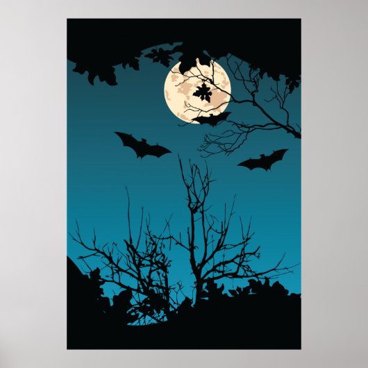 不気味ハロウィーンの夜の満月と飛んでいるこうもり ポスター (正面)