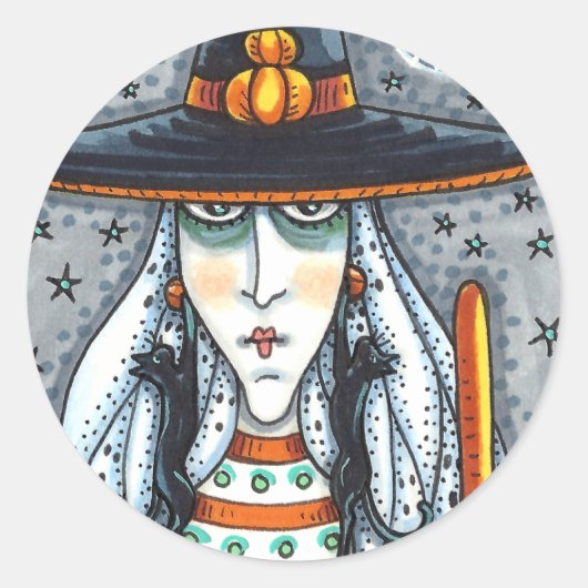 不気味ハロウィーンの魔女、黒猫の宝石飾りを身に着ける ラウンドシール (正面)