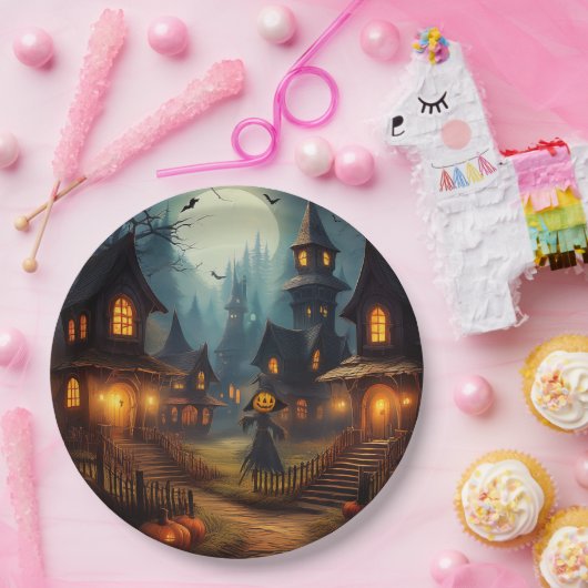 不気味ハロウィーンヴィレッジと怖いカラス ペーパープレート (パーティー)