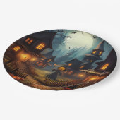 不気味ハロウィーンヴィレッジと怖いカラス ペーパープレート (アングル)