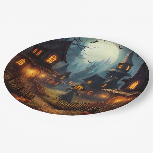 不気味ハロウィーンヴィレッジと怖いカラス ペーパープレート (アングル)