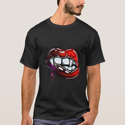 不気味ハロウィーン赤バンパイア唇と牙 Tシャツ (正面)