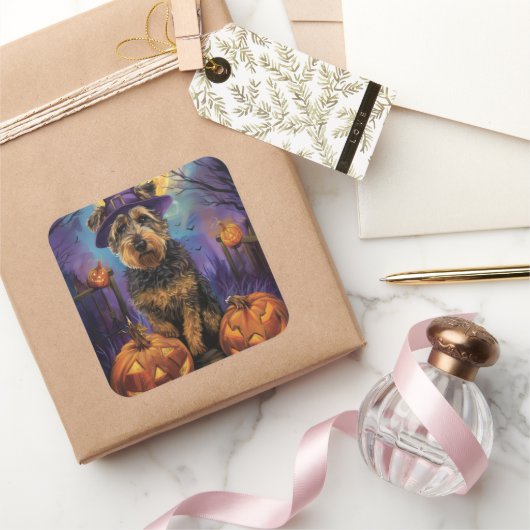不気味ハロウィーン魔女とカボチャ スクエアシール (ギフト)