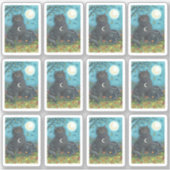 不気味フォークアート満月の黒猫 シール (正面)