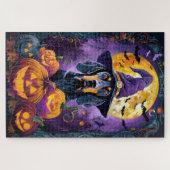 不気味ブルーティックコンハウンドハロウィンウィッチカボチャ ジグソーパズル (横)