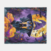 不気味ブルーティックコンハウンドハロウィンウィッチカボチャ フリースブランケット (正面(横))