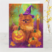 不気味ポメラニア犬ドッグハロウィーンウィッチとカボチャ カード (黄色い花)