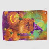 不気味ポメラニア犬ドッグハロウィーンウィッチとカボチャ ゴルフタオル (横)