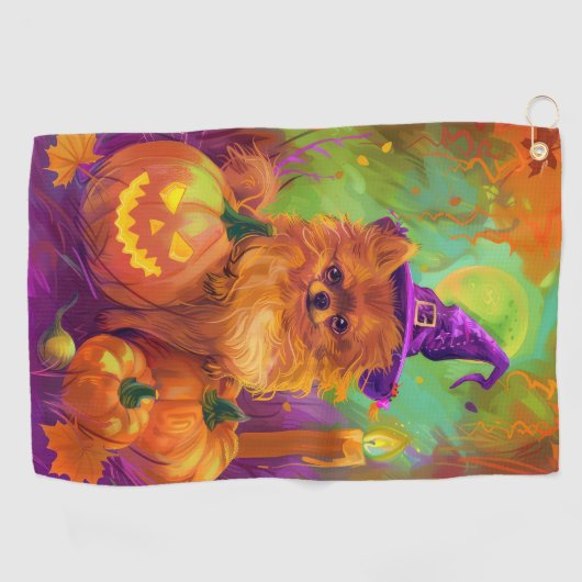 不気味ポメラニア犬ドッグハロウィーンウィッチとカボチャ ゴルフタオル (横)