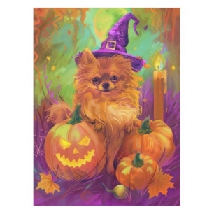 不気味ポメラニア犬ドッグハロウィーンウィッチとカボチャ テーブルクロス