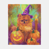 不気味ポメラニア犬ドッグハロウィーンウィッチとカボチャ フリースブランケット (正面)