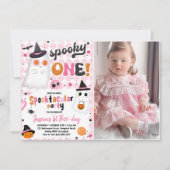 不気味ワンハロウィーンピンクかわいい幽霊第1誕生日 招待状 (正面)