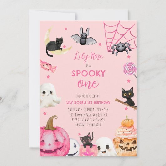 不気味ワンピンクハロウィーンかわいい幽霊1歳の誕生日 招待状 (正面)