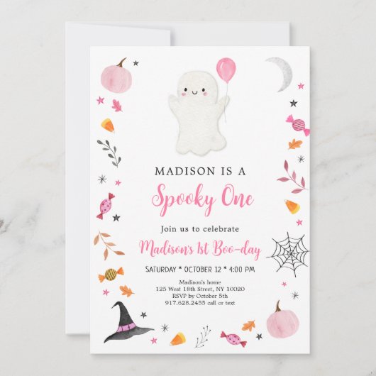 不気味ワンピンク幽霊ハロウィーン誕生日 招待状 (正面)