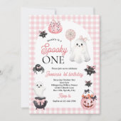 不気味ワンピンク幽霊ハロウィーン1回目の誕生日パーティー 招待状 (正面)