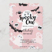 不気味ワンピンク1歳の誕生日幽霊ガールズハロウィーン 招待状 (正面/裏面)