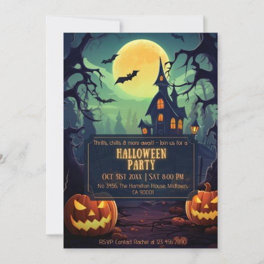 不気味不気味な月に照ら幽霊のよく出るされた夜のハロウィーン 招待状 (正面)