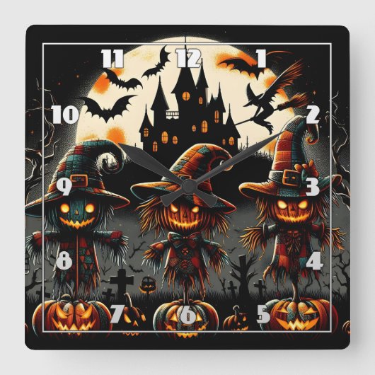 不気味墓地を守るハロウィンのカカシ スクエア壁時計 (正面)