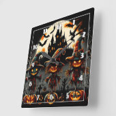 不気味墓地を守るハロウィンのカカシ スクエア壁時計 (傾斜)
