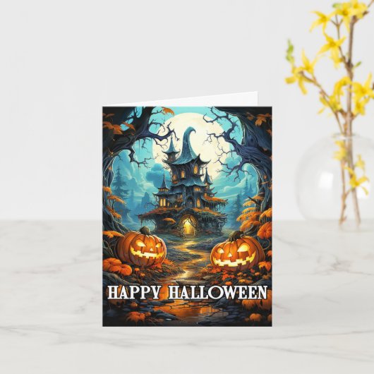 不気味幽霊のよく出るハウスハッピーハローウィン カード (黄色い花)