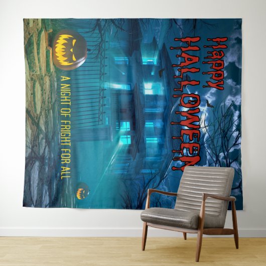 不気味幽霊のよく出るハウスハローウィンパーティ背景 タペストリー (インサイチュ(横))