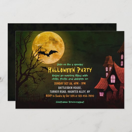 不気味幽霊のよく出るハウス&こうもり墓地ハロウィーン 招待状 (正面/裏面)