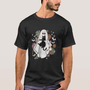 不気味幽霊ホールディングブラックキャットグルーヴィーフローラハロ Tシャツ