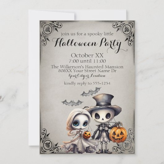 不気味幽霊人形および骨格ハローウィンパーティ 招待状 (正面)