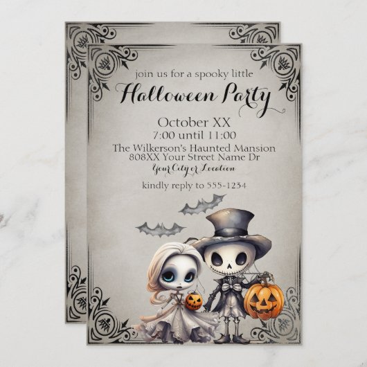 不気味幽霊人形および骨格ハローウィンパーティ 招待状 (正面/裏面)