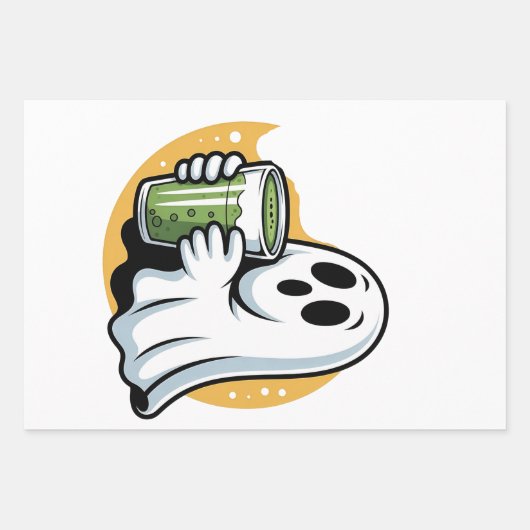 不気味幽霊飲む抹茶ハロウィーン ラッピングペーパーシート (正面)
