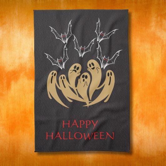 不気味幽霊&こうもりハロウィンカスタム キッチンタオル
