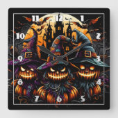 不気味月の下のハロウィン幽霊のよく出るかかし スクエア壁時計 (正面)