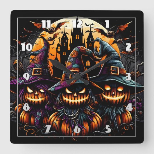 不気味月の下のハロウィン幽霊のよく出るかかし スクエア壁時計 (正面)