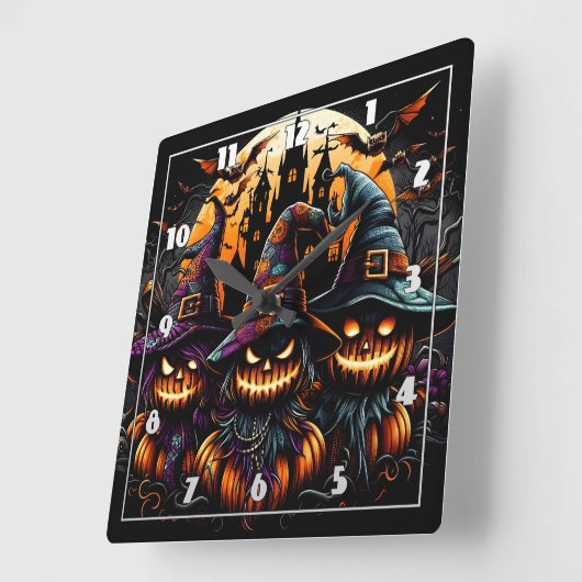 不気味月の下のハロウィン幽霊のよく出るかかし スクエア壁時計 (傾斜)
