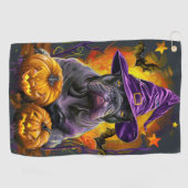 不気味杖コルソ犬ハロウィーン魔女とカボチャ ゴルフタオル (横)